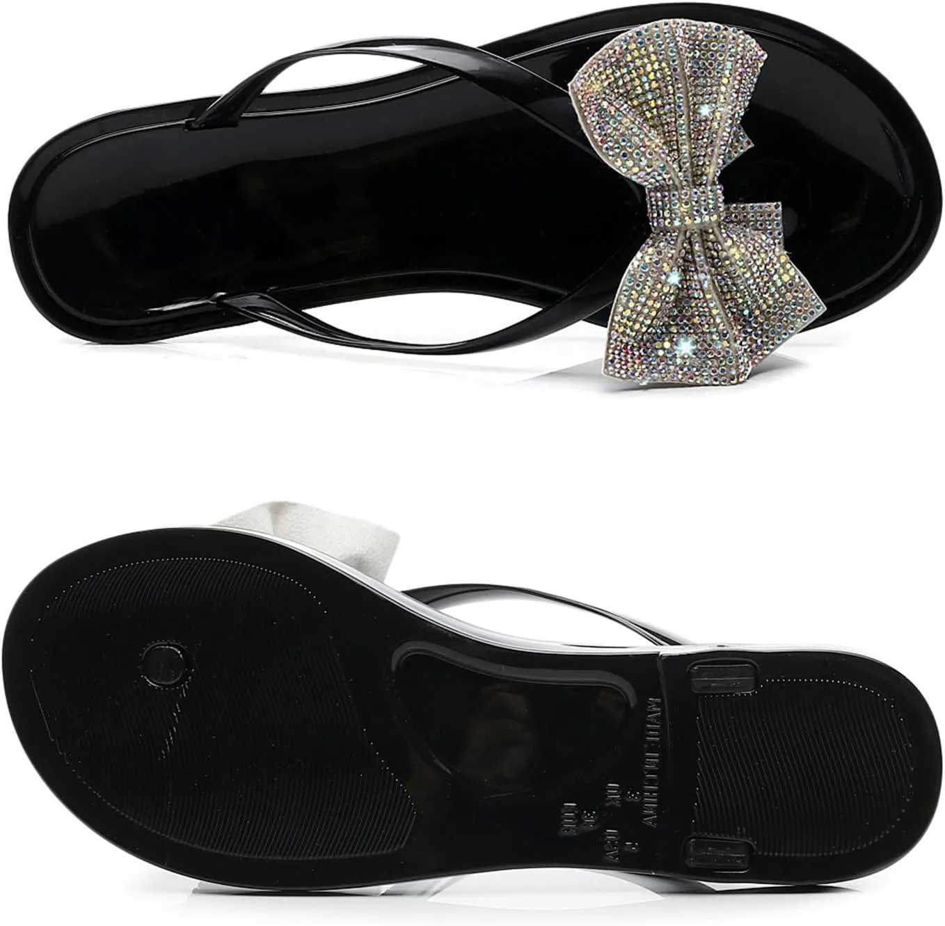 Womens Shiny Rhinestone Bowknot Flat Flip-Flops Colorful Jewelry Rhinestones Sequins Sandals Summer Beach Jelly Clip Toe Slippers Shoes