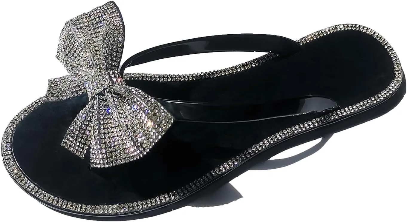 Womens Shiny Rhinestone Bowknot Flat Flip-Flops Colorful Jewelry Rhinestones Sequins Sandals Summer Beach Jelly Clip Toe Slippers Shoes