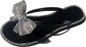 Womens Shiny Rhinestone Bowknot Flat Flip-Flops Colorful Jewelry Rhinestones Sequins Sandals Summer Beach Jelly Clip Toe Slippers Shoes