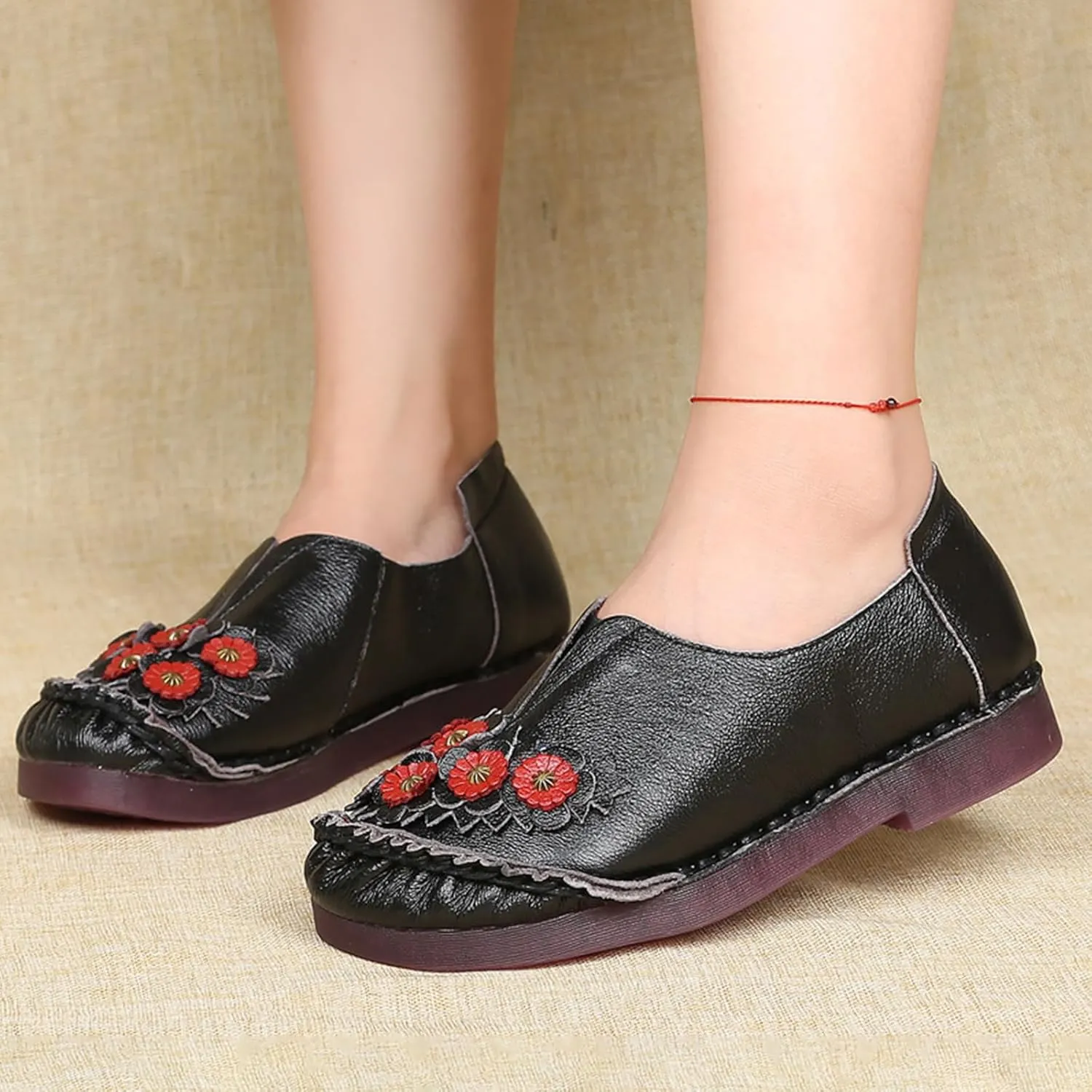 Women's Slip On Leather Casual Dress Shoes,Comfort Vintage Handmade Flowers Cut Non-slip Ox Soft Sole Walking Loafers