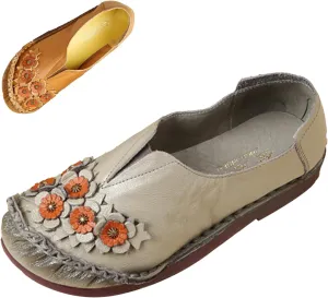 Women's Slip On Leather Casual Dress Shoes,Comfort Vintage Handmade Flowers Cut Non-slip Ox Soft Sole Walking Loafers