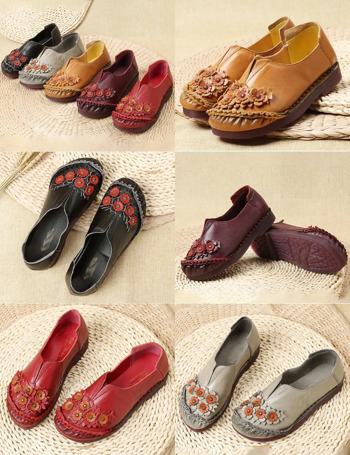 Women's Slip On Leather Casual Dress Shoes,Comfort Vintage Handmade Flowers Cut Non-slip Ox Soft Sole Walking Loafers