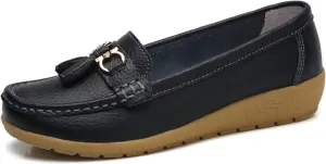 Womens Slip On Penny Loafers Soft Cow Casual Leather Moccasin Boat Shoes Non-Slip Wedge Dress Shoe