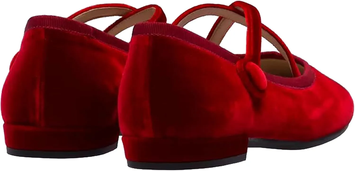 Women's Soft Velvet Flats Shoes Comfort Round Toe Ballet Shoes, Cross Strap Work Casual Flats, Simple Solid Color Walk Mary Jane Slip On Low Heels