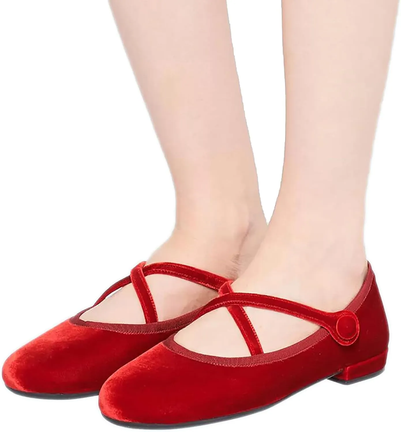 Women's Soft Velvet Flats Shoes Comfort Round Toe Ballet Shoes, Cross Strap Work Casual Flats, Simple Solid Color Walk Mary Jane Slip On Low Heels