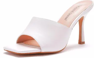 Women's Square Open Toe Heeled Sandals Slippers White Stiletto Heels Sandals Fashion Casual Peep Toe Slippers Slip On Mule Slide Sandal
