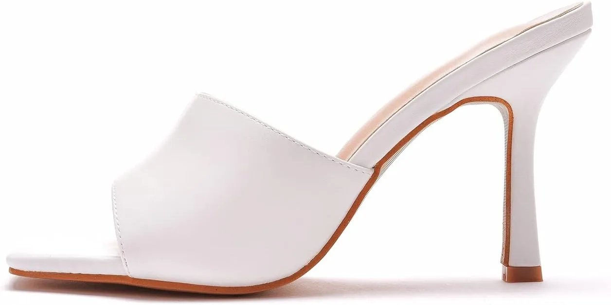 Women's Square Open Toe Heeled Sandals Slippers White Stiletto Heels Sandals Fashion Casual Peep Toe Slippers Slip On Mule Slide Sandal
