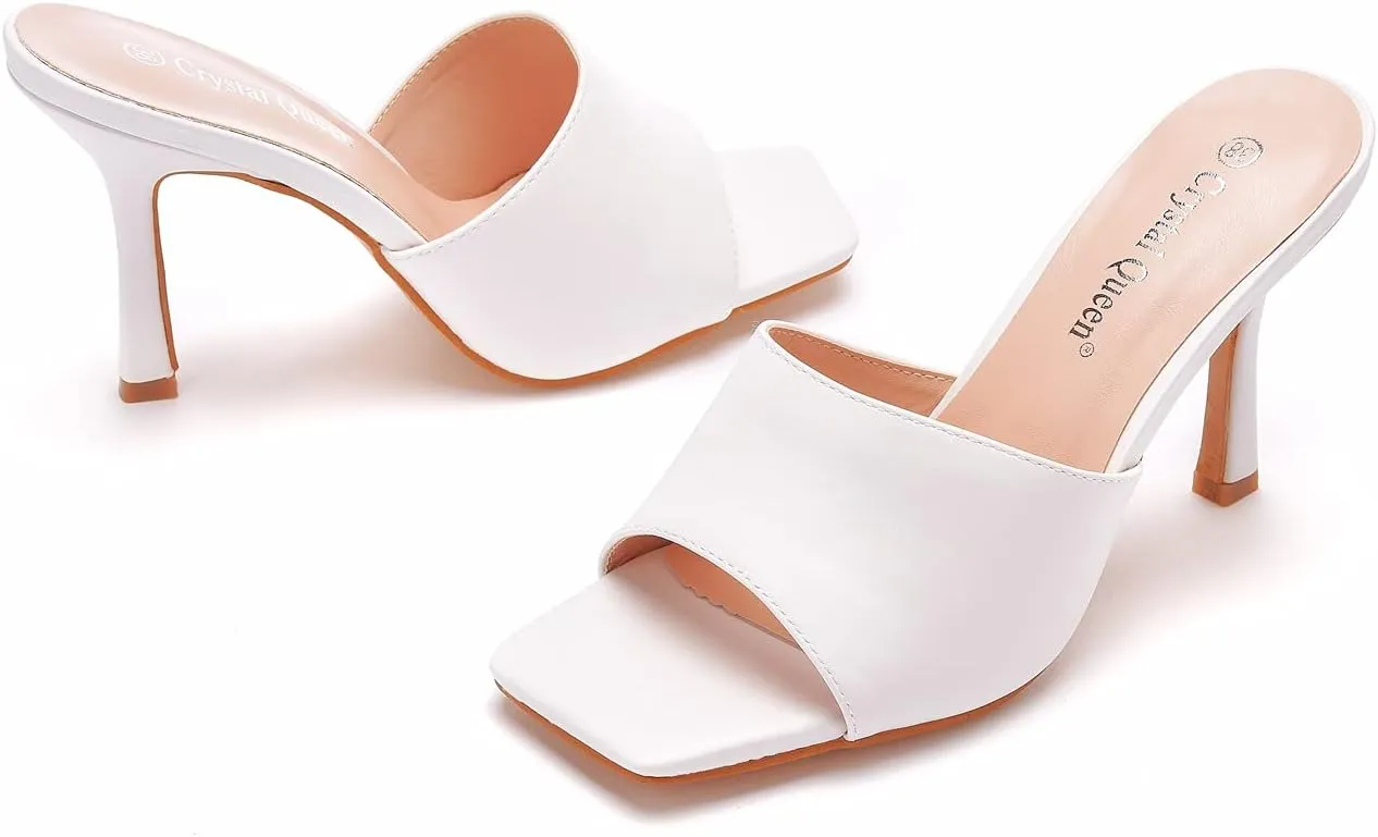 Women's Square Open Toe Heeled Sandals Slippers White Stiletto Heels Sandals Fashion Casual Peep Toe Slippers Slip On Mule Slide Sandal