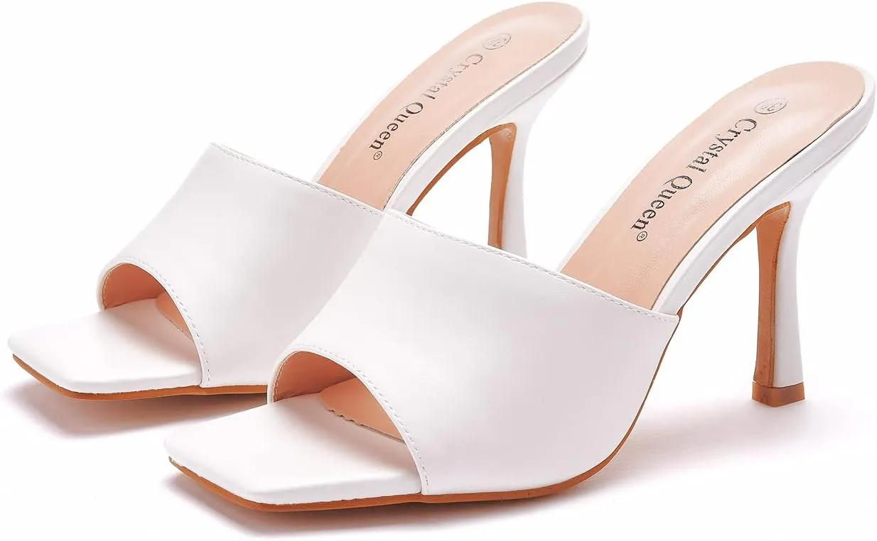 Women's Square Open Toe Heeled Sandals Slippers White Stiletto Heels Sandals Fashion Casual Peep Toe Slippers Slip On Mule Slide Sandal