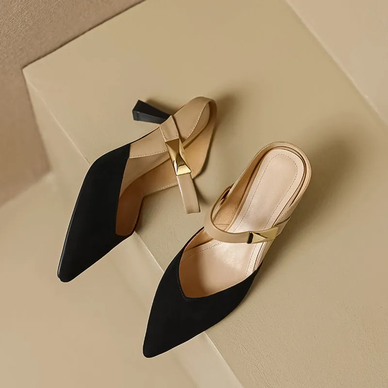 Women's Stylish Leather Kitten Heel Pointed Toe V Cut Mule Heel