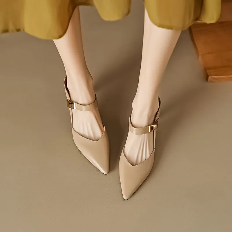 Women's Stylish Leather Kitten Heel Pointed Toe V Cut Mule Heel