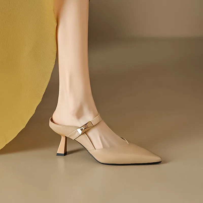 Women's Stylish Leather Kitten Heel Pointed Toe V Cut Mule Heel