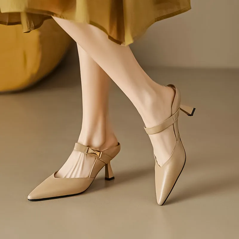 Women's Stylish Leather Kitten Heel Pointed Toe V Cut Mule Heel