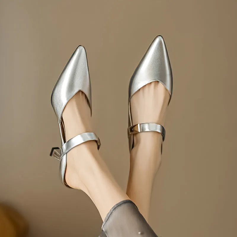 Women's Stylish Leather Kitten Heel Pointed Toe V Cut Mule Heel