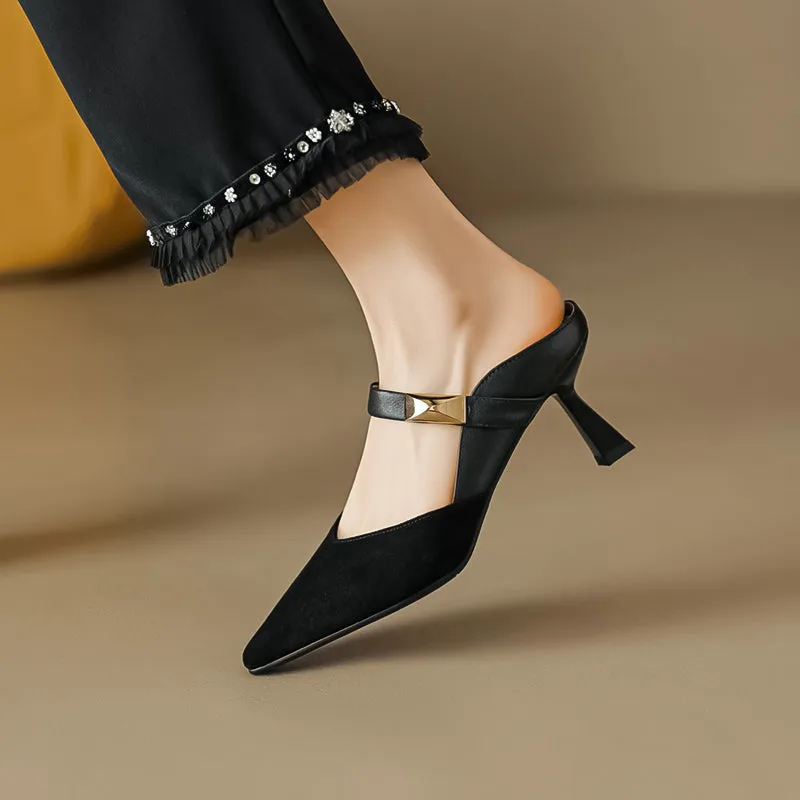 Women's Stylish Leather Kitten Heel Pointed Toe V Cut Mule Heel