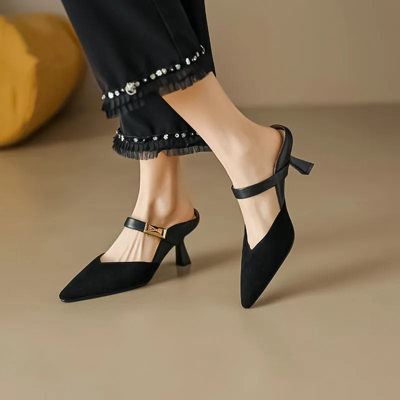 Women's Stylish Leather Kitten Heel Pointed Toe V Cut Mule Heel