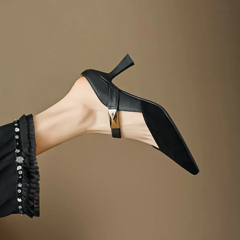 Women's Stylish Leather Kitten Heel Pointed Toe V Cut Mule Heel