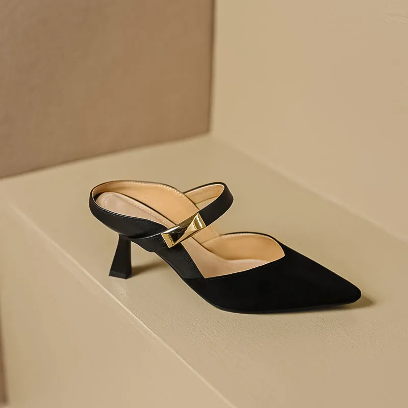 Women's Stylish Leather Kitten Heel Pointed Toe V Cut Mule Heel