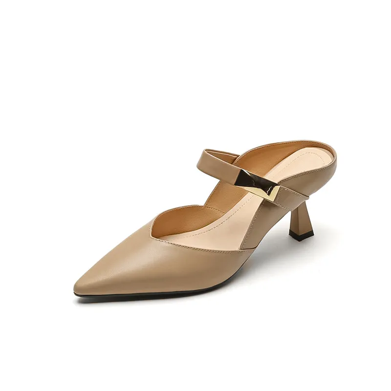 Women's Stylish Leather Kitten Heel Pointed Toe V Cut Mule Heel