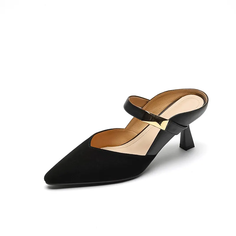 Women's Stylish Leather Kitten Heel Pointed Toe V Cut Mule Heel