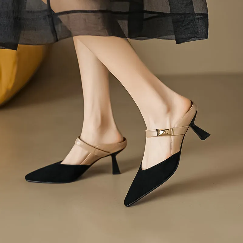Women's Stylish Leather Kitten Heel Pointed Toe V Cut Mule Heel