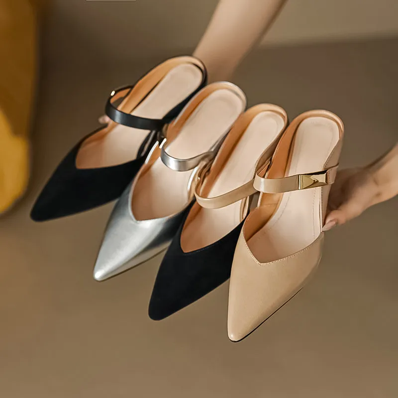 Women's Stylish Leather Kitten Heel Pointed Toe V Cut Mule Heel