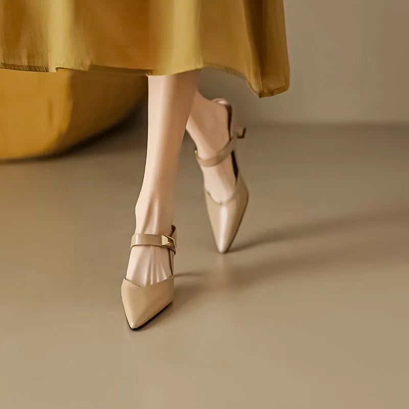 Women's Stylish Leather Kitten Heel Pointed Toe V Cut Mule Heel