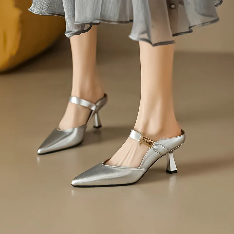 Women's Stylish Leather Kitten Heel Pointed Toe V Cut Mule Heel