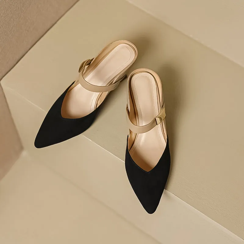 Women's Stylish Leather Kitten Heel Pointed Toe V Cut Mule Heel