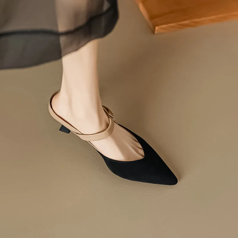 Women's Stylish Leather Kitten Heel Pointed Toe V Cut Mule Heel