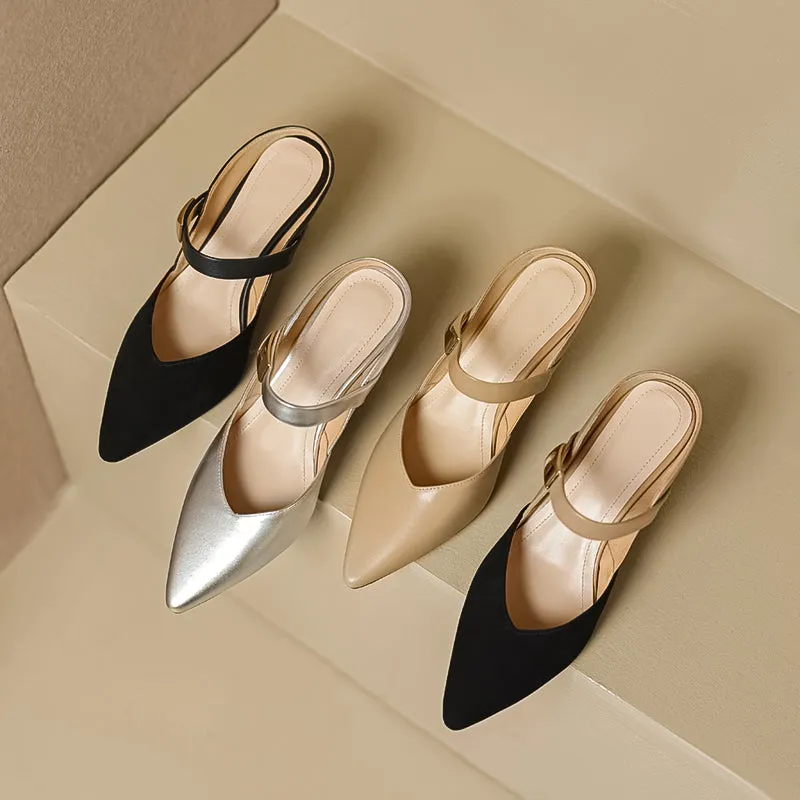 Women's Stylish Leather Kitten Heel Pointed Toe V Cut Mule Heel