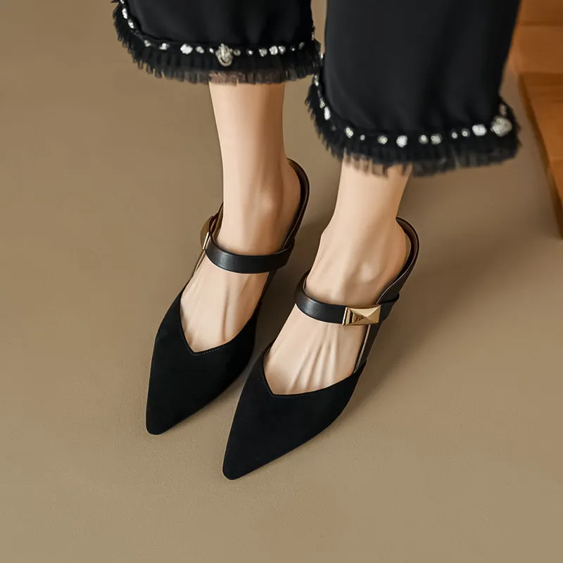 Women's Stylish Leather Kitten Heel Pointed Toe V Cut Mule Heel