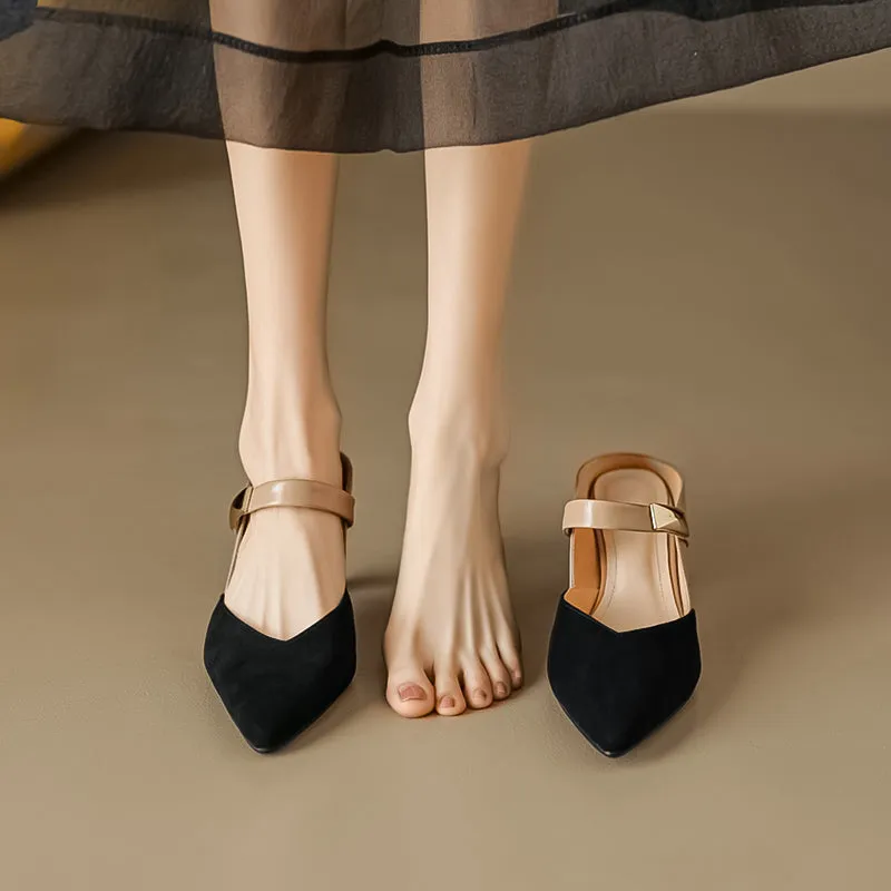 Women's Stylish Leather Kitten Heel Pointed Toe V Cut Mule Heel