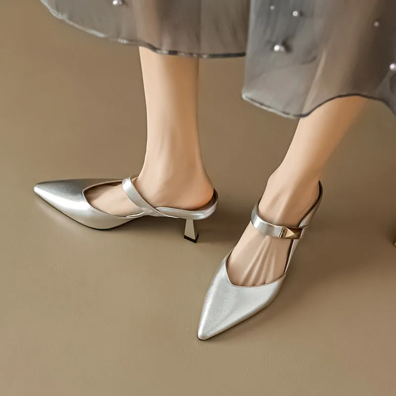 Women's Stylish Leather Kitten Heel Pointed Toe V Cut Mule Heel