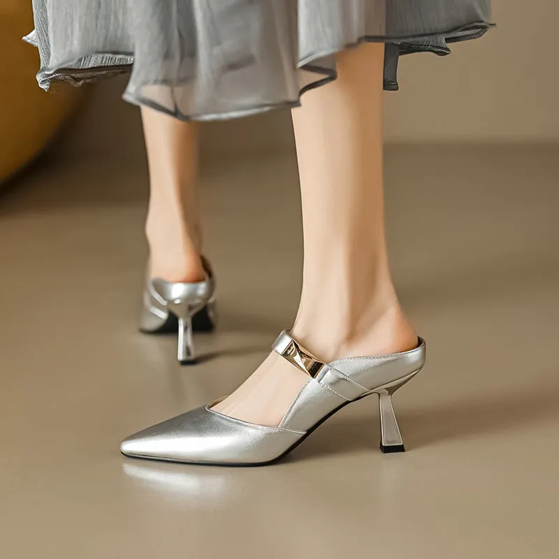 Women's Stylish Leather Kitten Heel Pointed Toe V Cut Mule Heel