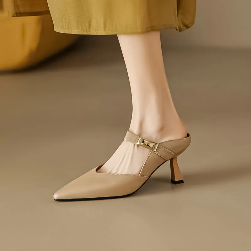 Women's Stylish Leather Kitten Heel Pointed Toe V Cut Mule Heel