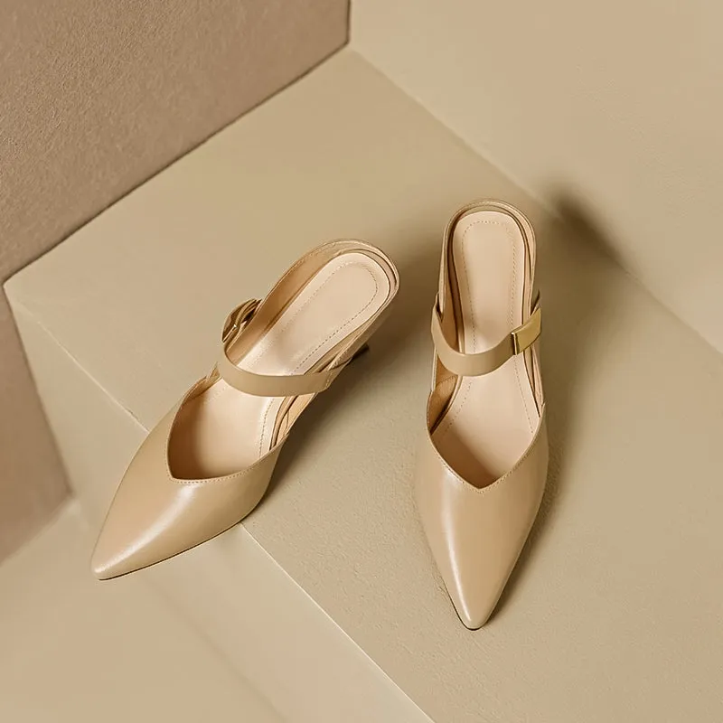 Women's Stylish Leather Kitten Heel Pointed Toe V Cut Mule Heel