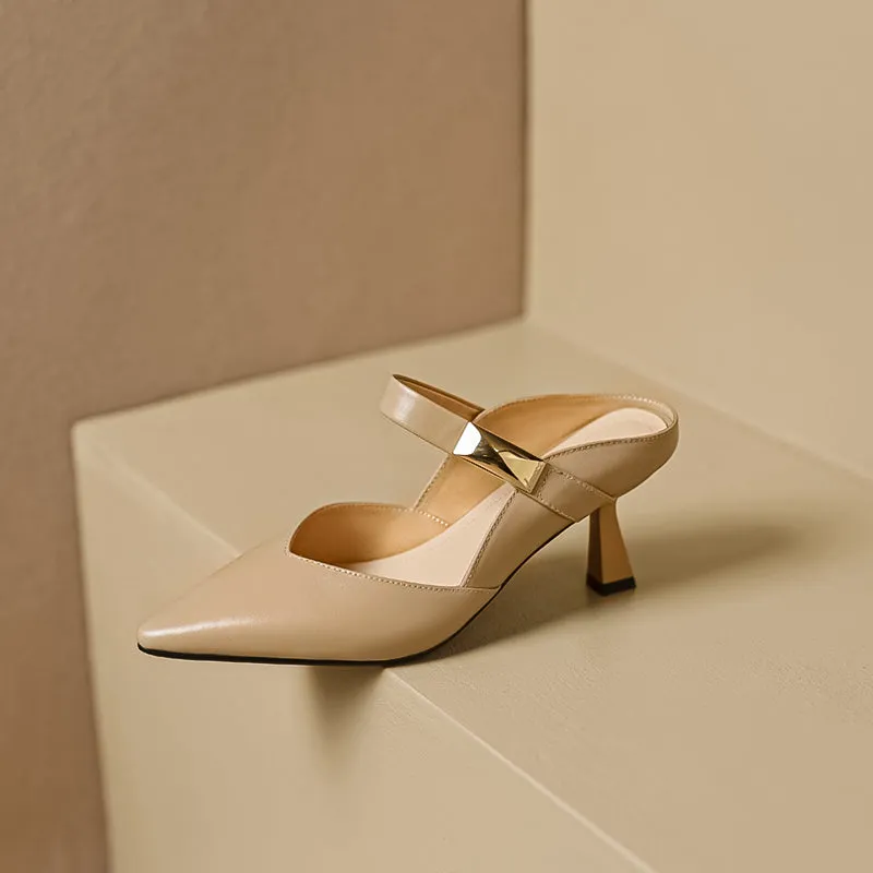 Women's Stylish Leather Kitten Heel Pointed Toe V Cut Mule Heel