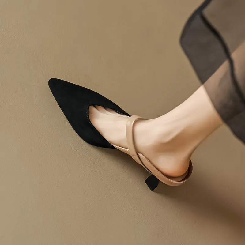 Women's Stylish Leather Kitten Heel Pointed Toe V Cut Mule Heel