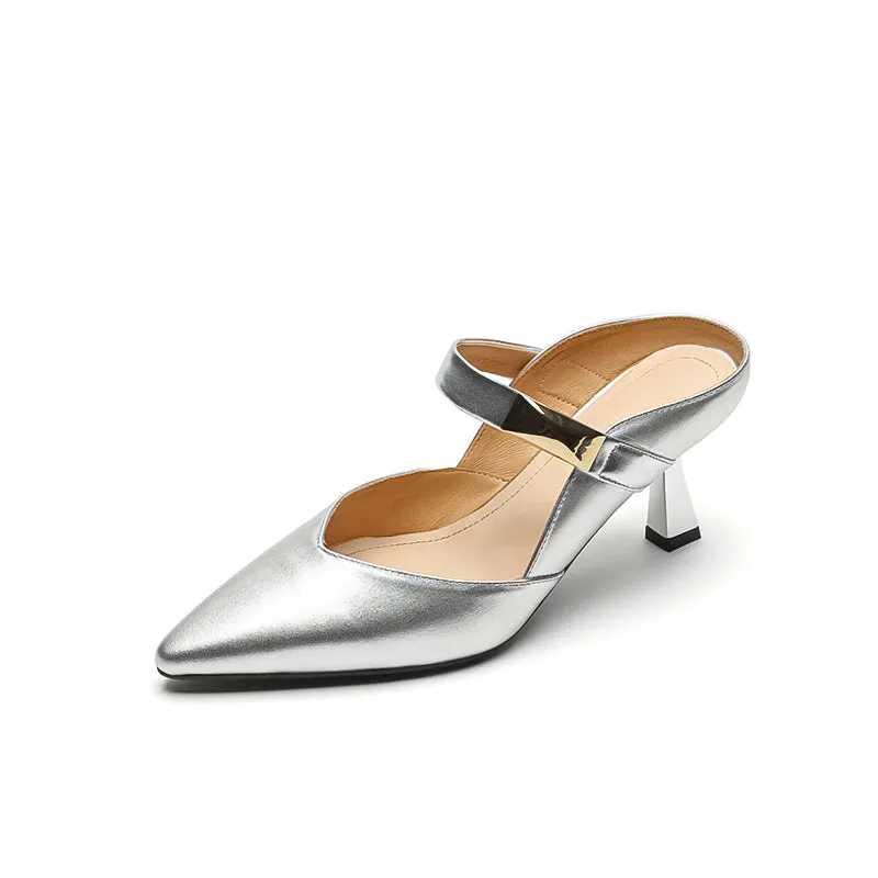 Women's Stylish Leather Kitten Heel Pointed Toe V Cut Mule Heel