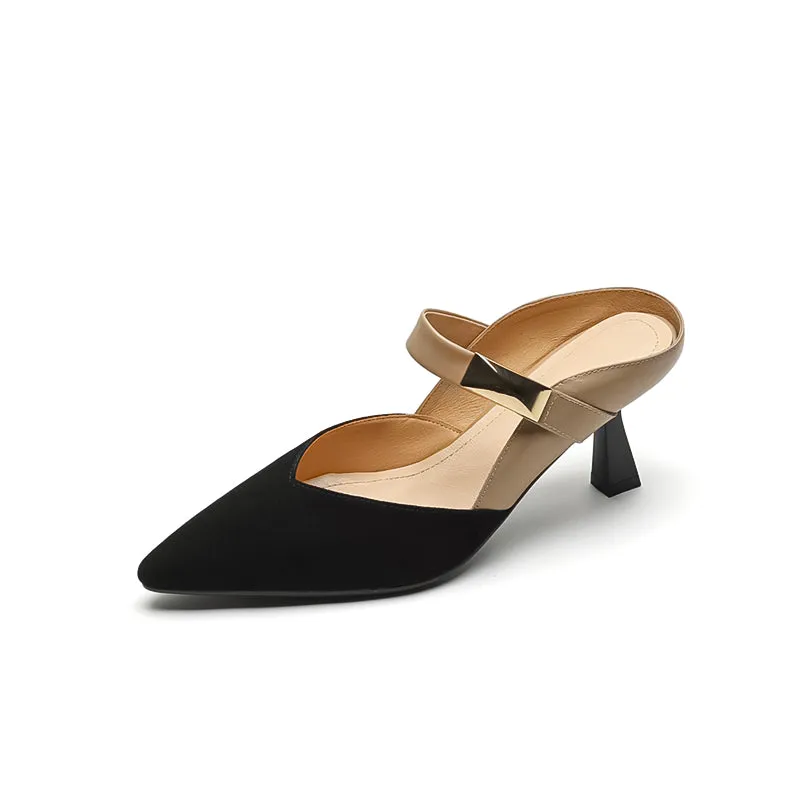 Women's Stylish Leather Kitten Heel Pointed Toe V Cut Mule Heel