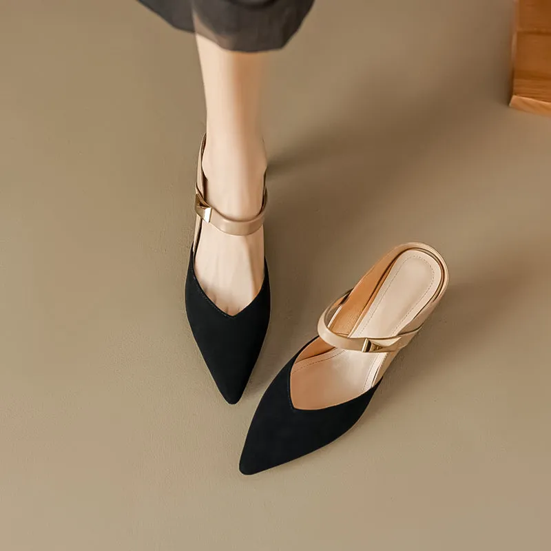 Women's Stylish Leather Kitten Heel Pointed Toe V Cut Mule Heel