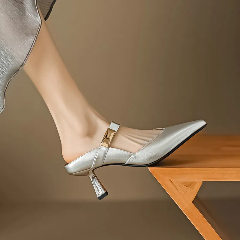 Women's Stylish Leather Kitten Heel Pointed Toe V Cut Mule Heel