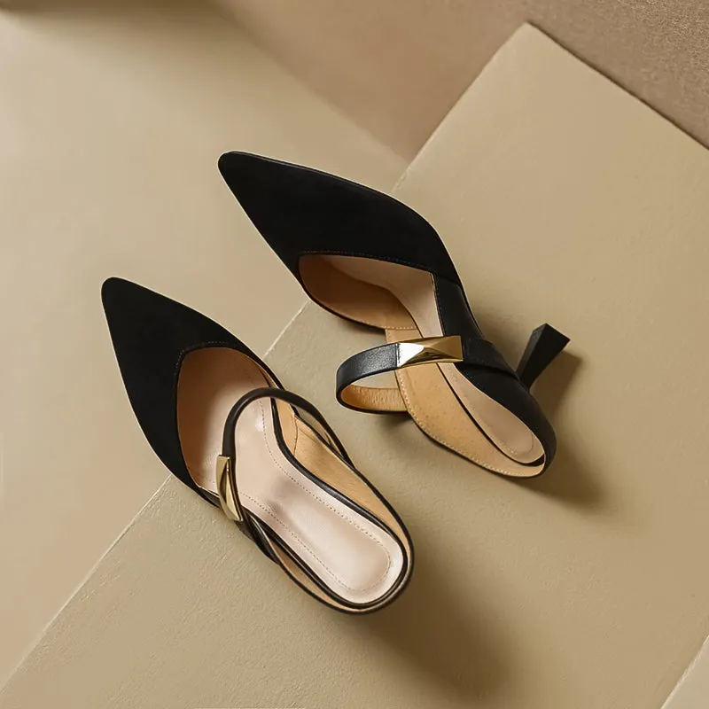 Women's Stylish Leather Kitten Heel Pointed Toe V Cut Mule Heel