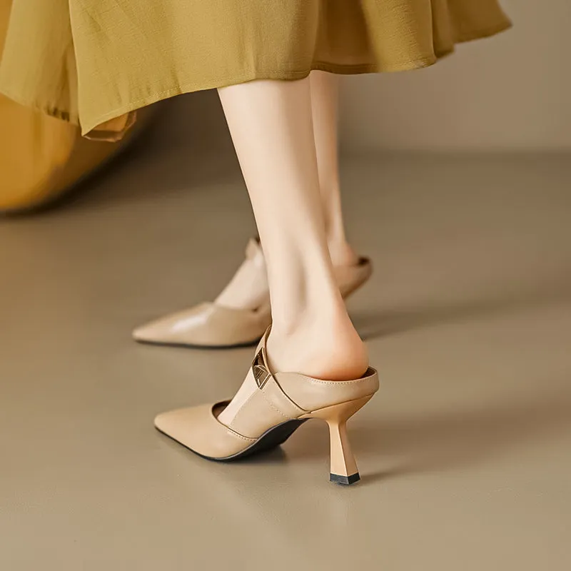 Women's Stylish Leather Kitten Heel Pointed Toe V Cut Mule Heel