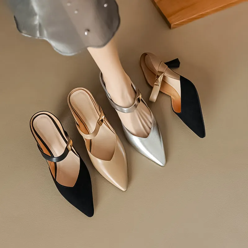 Women's Stylish Leather Kitten Heel Pointed Toe V Cut Mule Heel