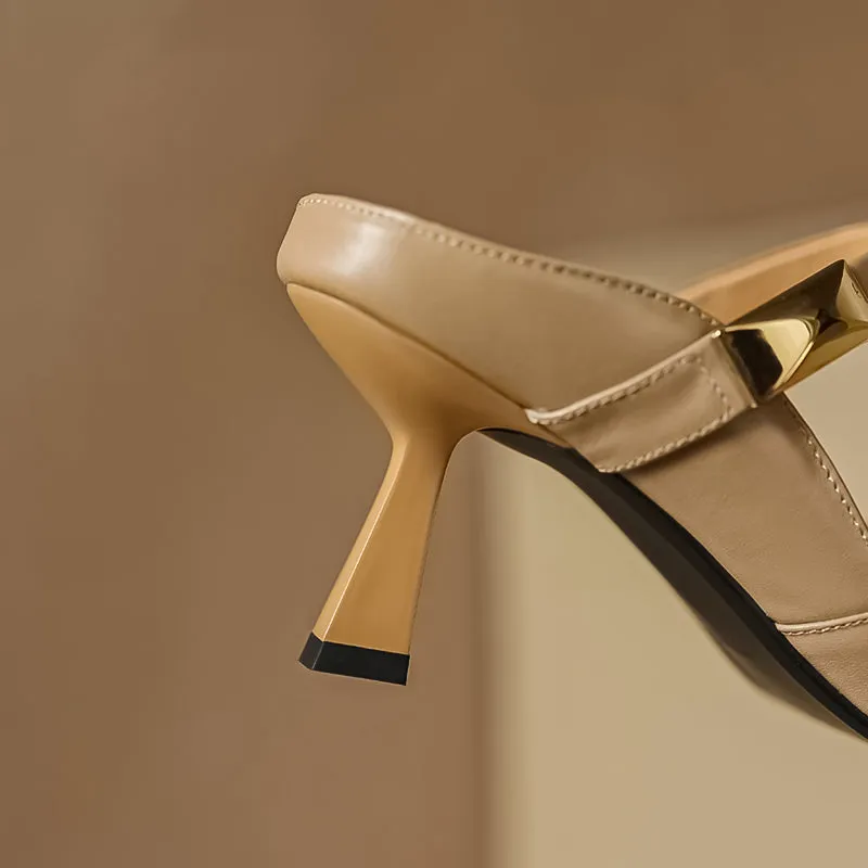 Women's Stylish Leather Kitten Heel Pointed Toe V Cut Mule Heel
