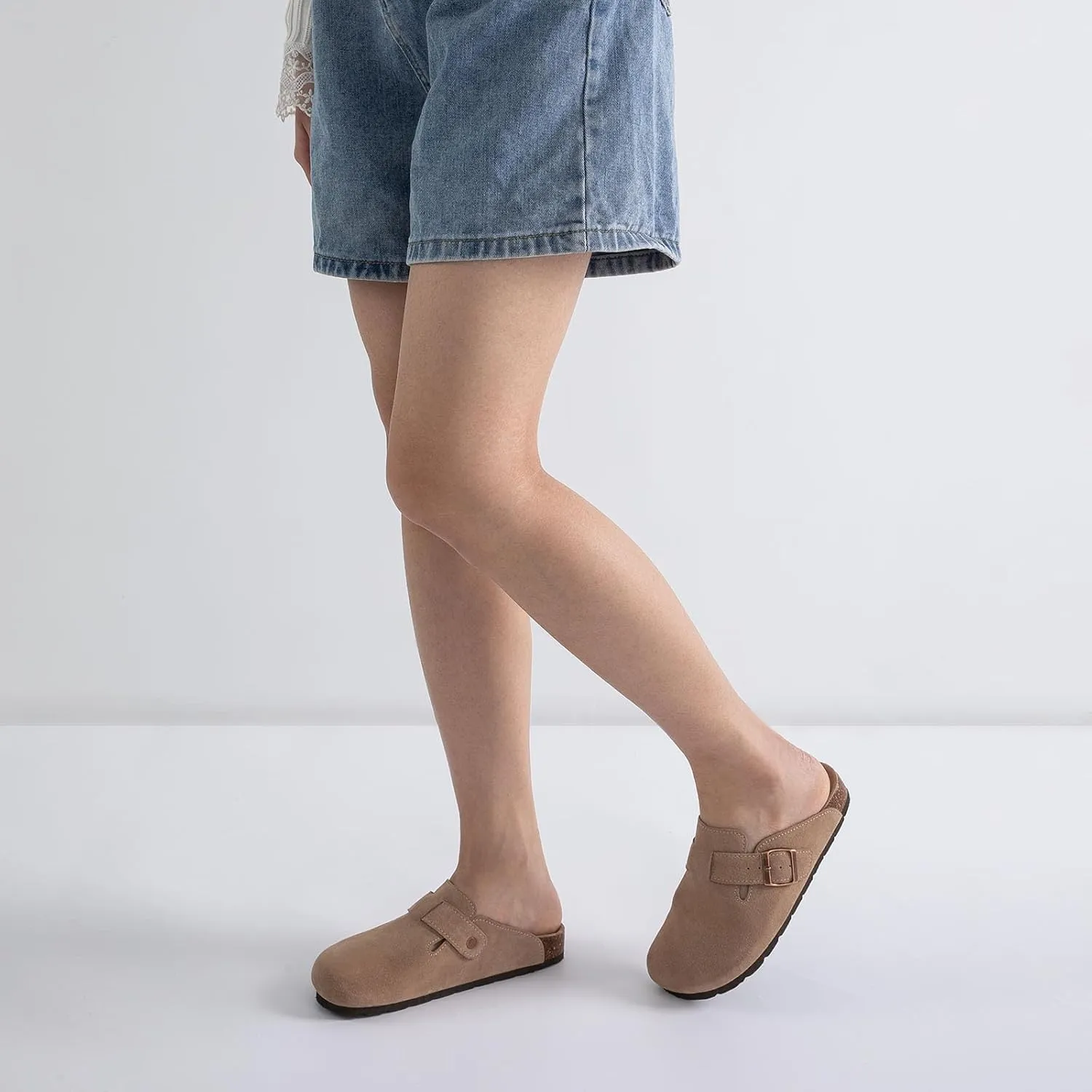 Women's Suede Clogs Cork Footbed Clogs for Women Soft Leather Adjustable Buckle Slip-on Potato Shoes Sandals