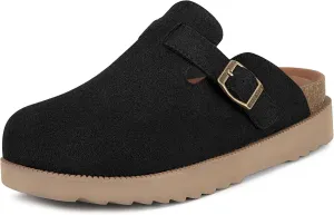 Womens Suede Leather Clogs Cork Footbed Sandals Arch Support Platform Mules Comfort Soft Potato Shoes with Adjustable Buckle,Black,US 5.5 Women=EU 36