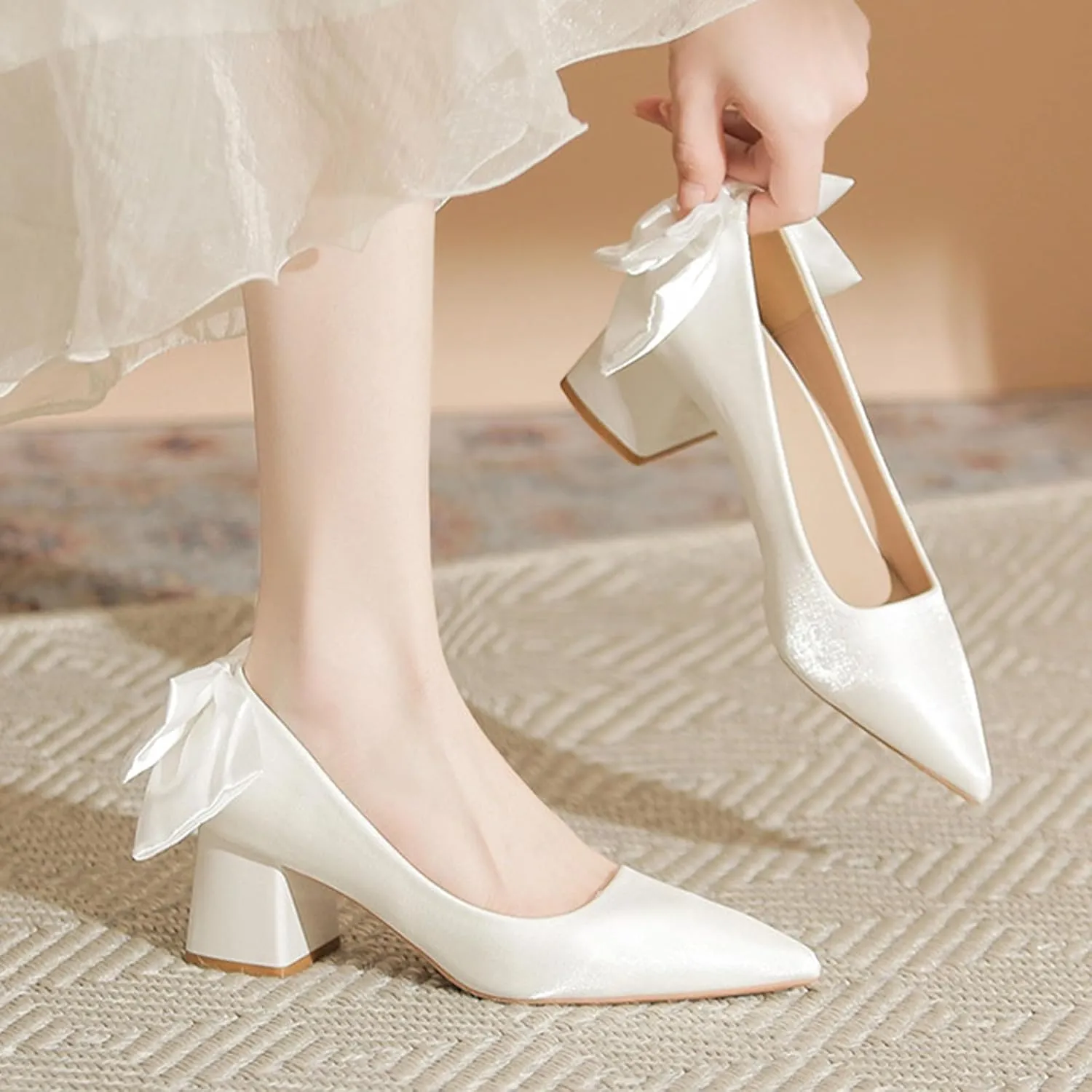 Women's Suede Pointed Toe Chunky Heel Pumps with Bow Classic Slip-On Shallow Non-Slip Mid Block Heel Business Party Dress Shoes